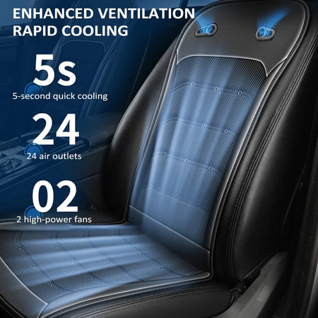 Car seat with cooling system features including 5-second quick cooling, 24 air outlets, and 2 high-power fans.