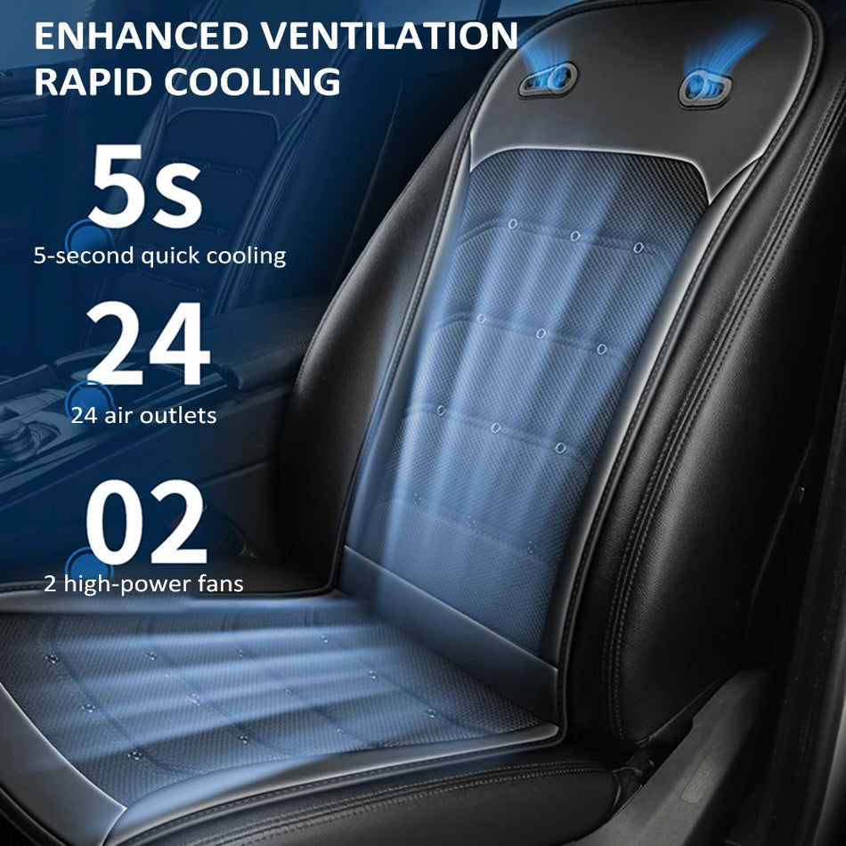 Car seat with cooling system features including 5-second quick cooling, 24 air outlets, and 2 high-power fans.