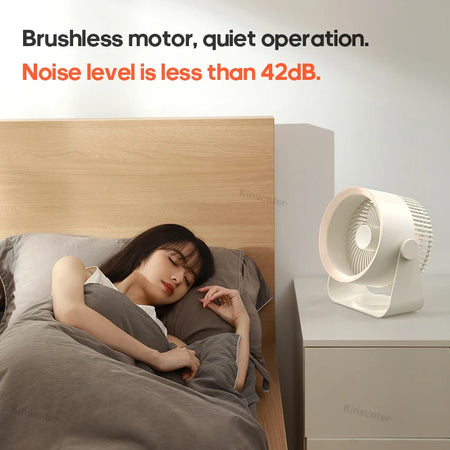Woman sleeping in bed with a fan on a nightstand, emphasizing quiet operation.