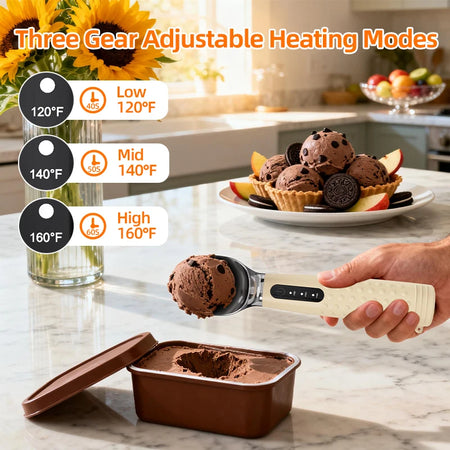Chocolate ice cream being scooped with a temperature-controlled scoop in a kitchen setting.