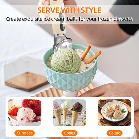 Ice cream ball maker with green ice cream and cookies, surrounded by images of different ice cream types.