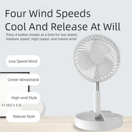 Portable fan with speed settings labeled on a light gray background