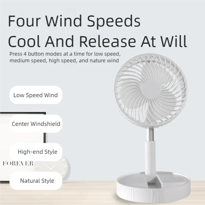 Portable fan with speed settings labeled on a light gray background