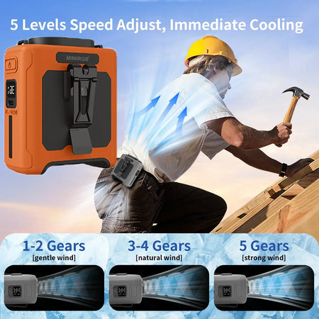Person working on a construction site with a portable fan and speed adjustment levels displayed.
