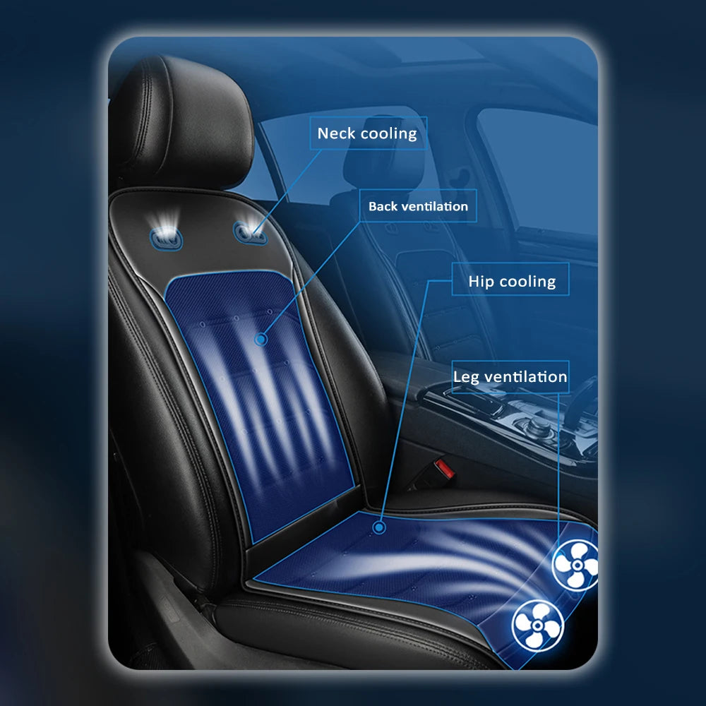 Car seat cover with cooling and ventilation features labeled