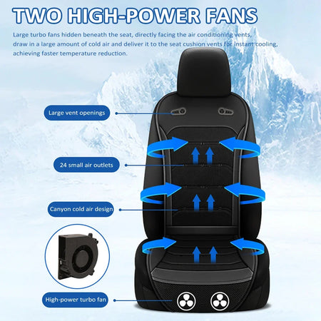 Car seat with cooling system features and diagram on a snowy background