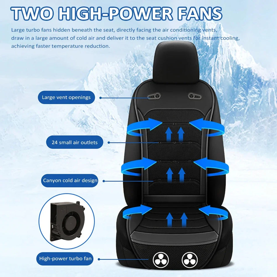 Car seat with cooling system features and diagram on a snowy background