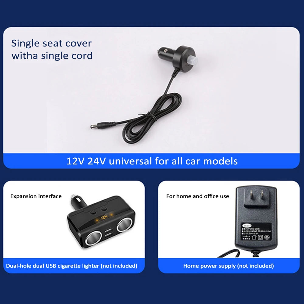 Car charger components with text on a blue background