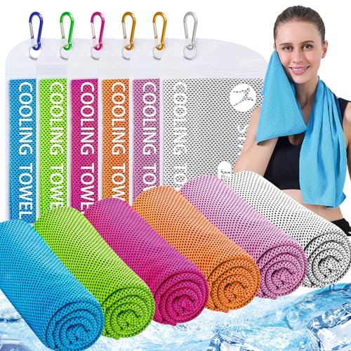 Set of cooling towels in various colors with a woman holding a blue towel.