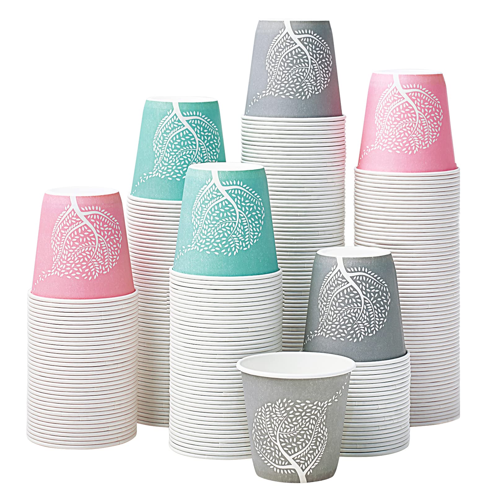 Stacks of paper cups in various colors with decorative patterns on a white background