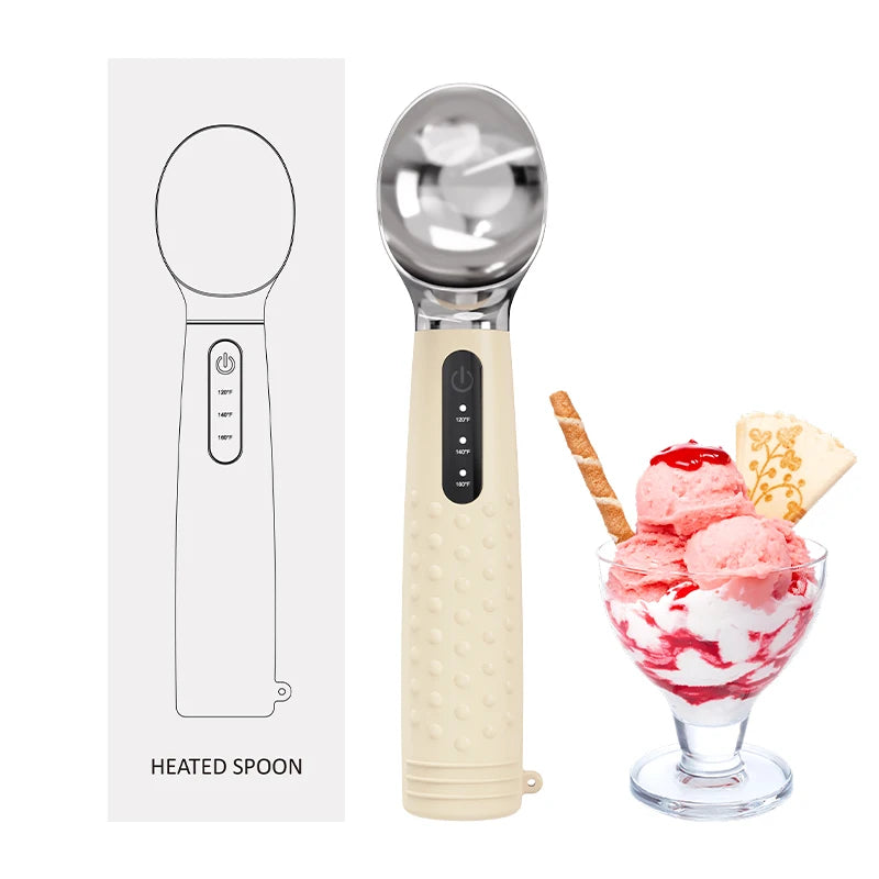 Heated spoon with packaging and ice cream sundae on a white background