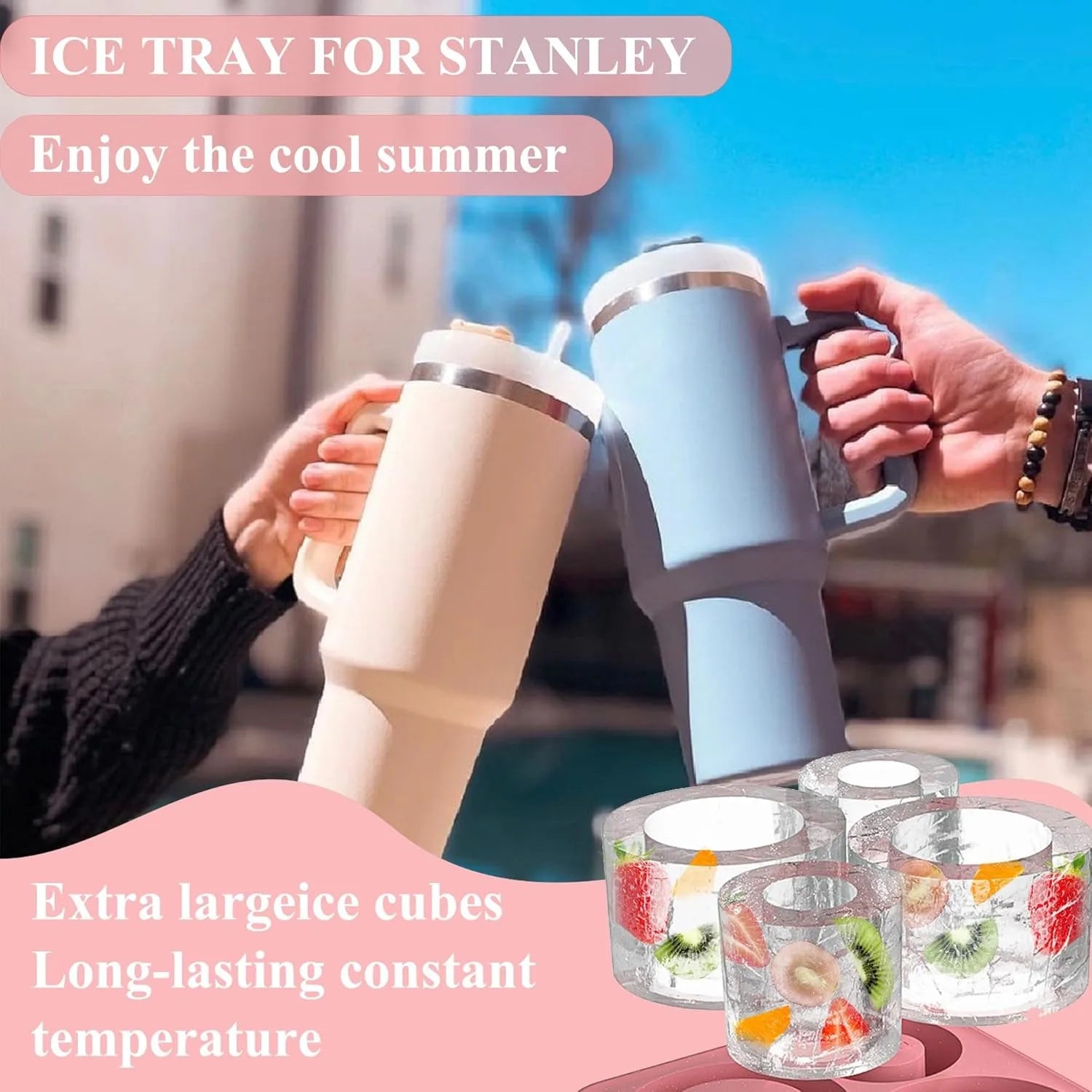Two people holding insulated mugs with ice cubes and text about an ice tray for Stanley mugs.