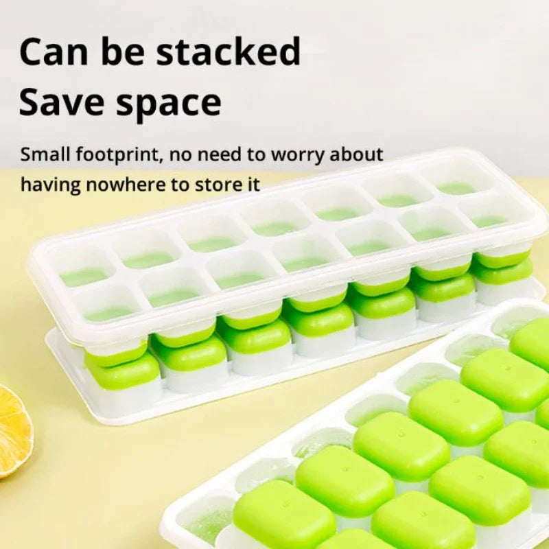Green soap bars in a white mold with text indicating they can be stacked to save space.