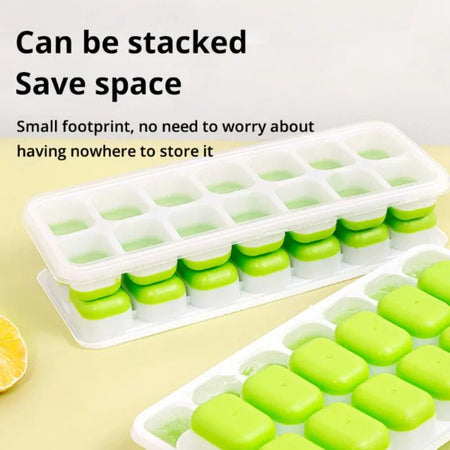 Green soap bars in a white mold with text indicating they can be stacked to save space.