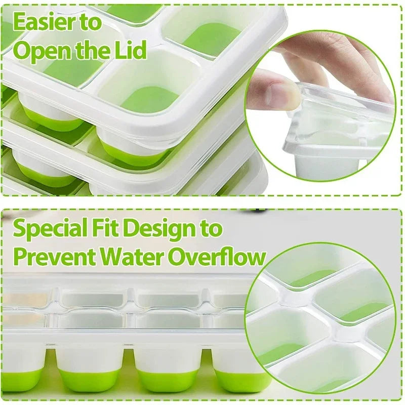 Green and white ice cube tray with lid feature and water overflow prevention design.