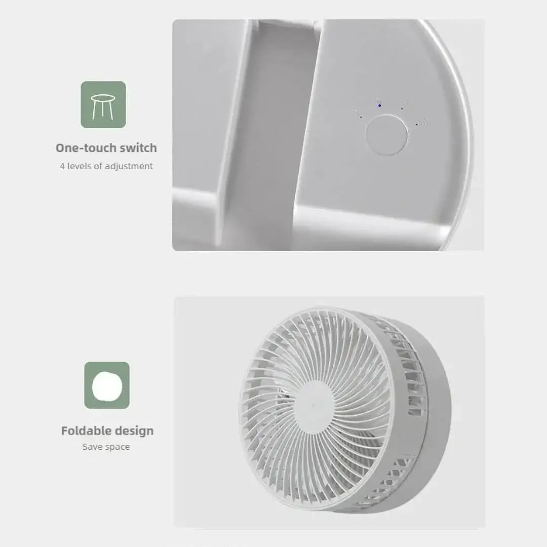 White handheld fan with one-touch switch and foldable design features on a light gray background