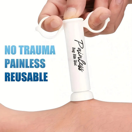 White tool labeled 'Painless' being used on a wrist with text 'No trauma, painless, reusable'.