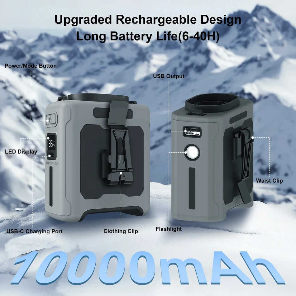 Rechargeable device with features highlighted against a mountainous background
