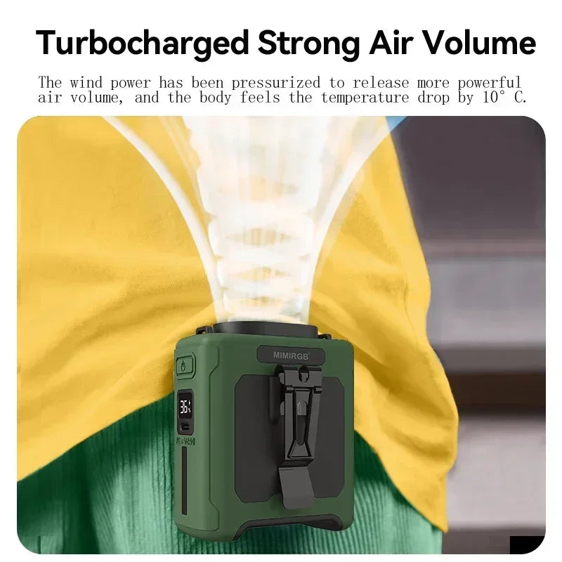 Green air blower device with text about turbocharged strong air volume on a blurred background