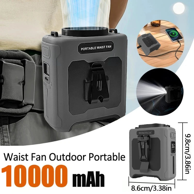 Portable waist fan with 10000mAh battery capacity, shown with usage scenarios and dimensions.
