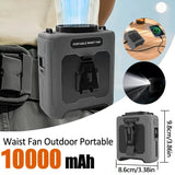 Portable waist fan with 10000mAh battery capacity, shown with usage scenarios and dimensions.