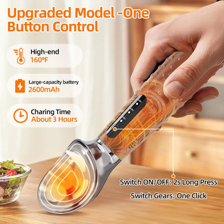Hand holding a kitchen tool with features highlighted on a wooden surface