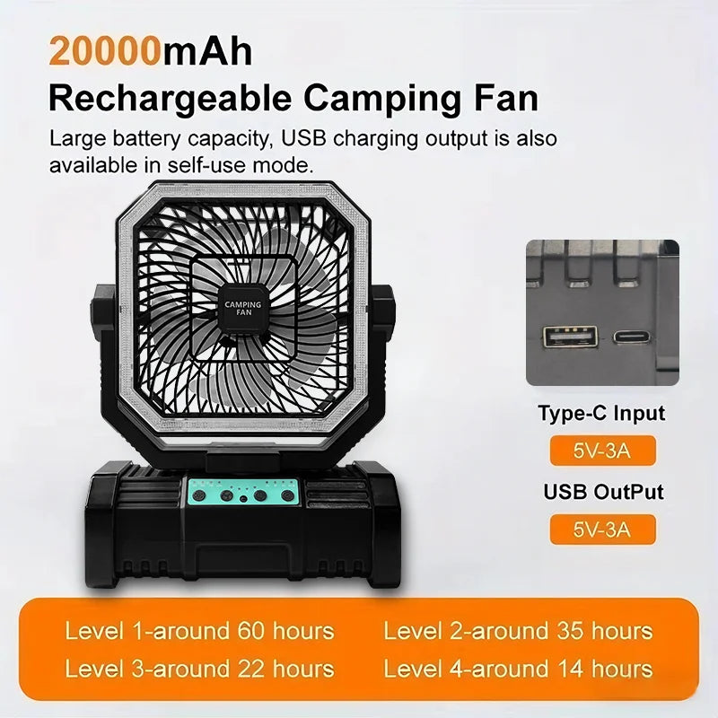 3-in-1 Camping Fan Portable Fans Rechargeable 20000mAh Battery Powered Fan with LED Lantern & Remote for Indoor Outdoor Tent