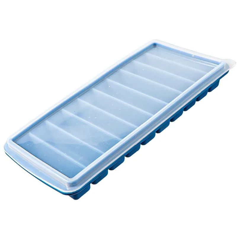 Blue silicone ice cube tray on a white background