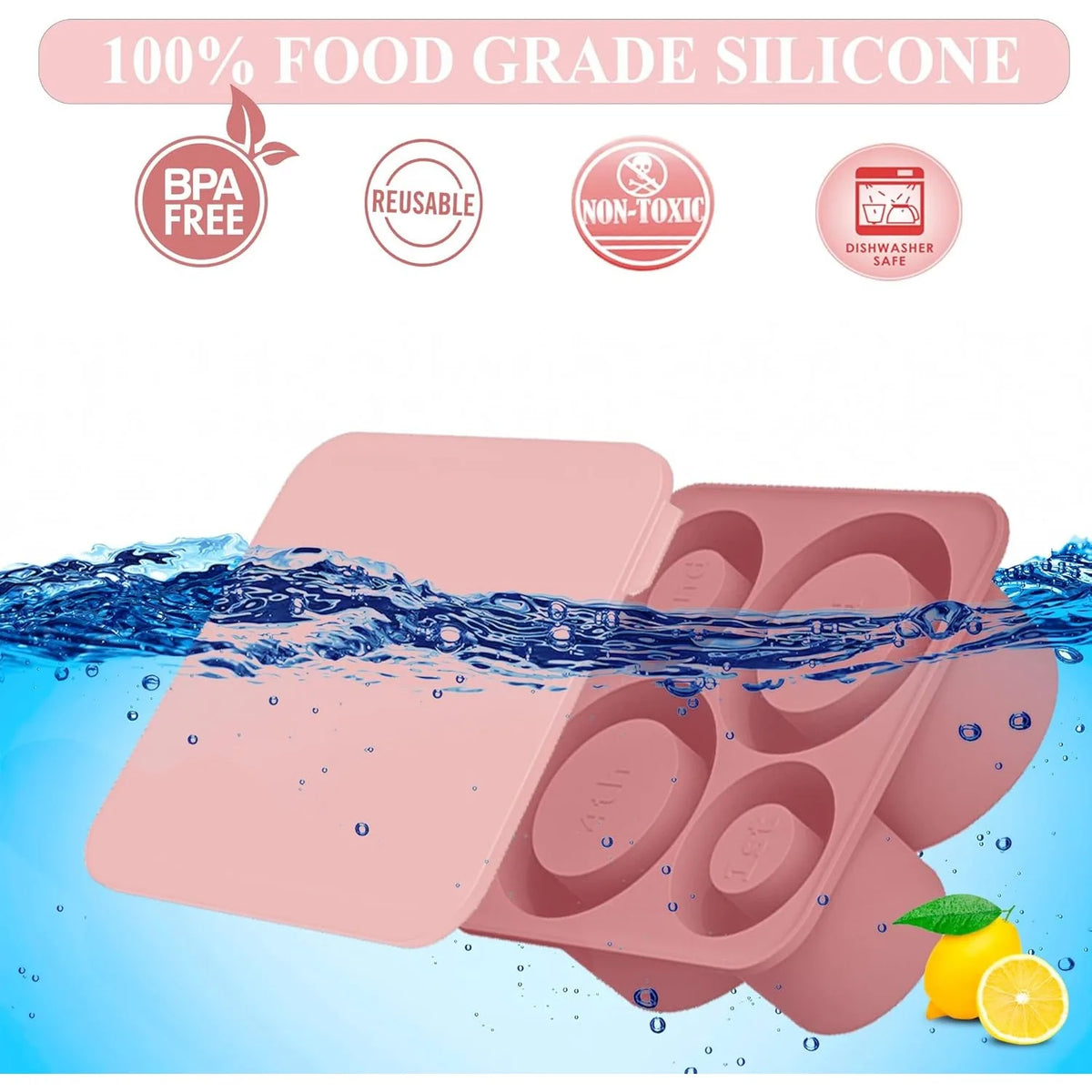 Silicone mold with water and lemons, labeled as 100% food grade silicone, BPA-free, reusable, non-toxic, and dishwasher safe.