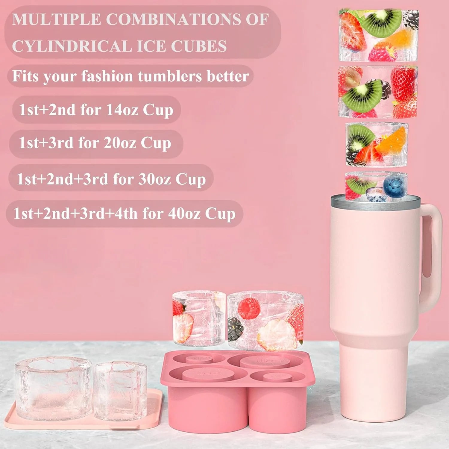 Pink ice cube tray with cylindrical ice cubes and a pink tumbler on a pink background.