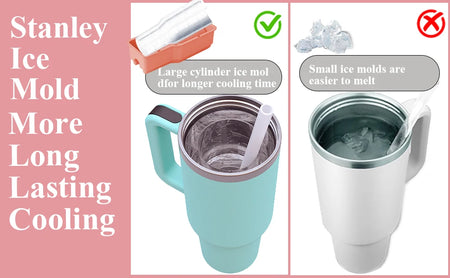 Comparison of Stanley Ice Mold with large cylinder ice mold and small ice molds on a pink background.