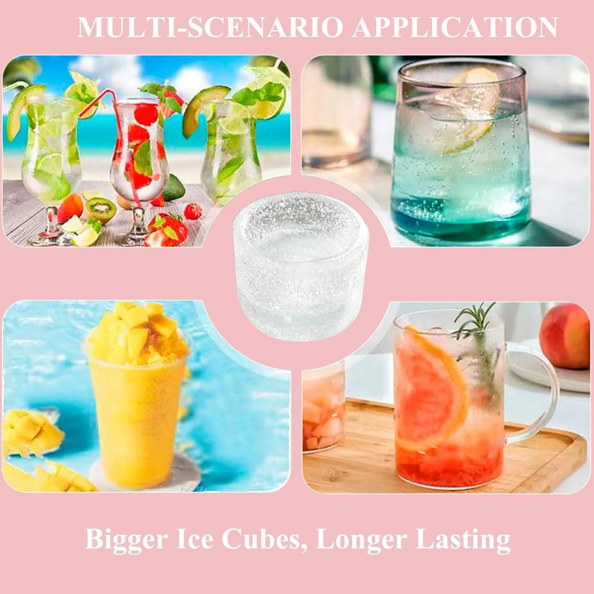 Collage of various drinks with ice cubes, promoting the use of bigger ice cubes for longer-lasting effects.