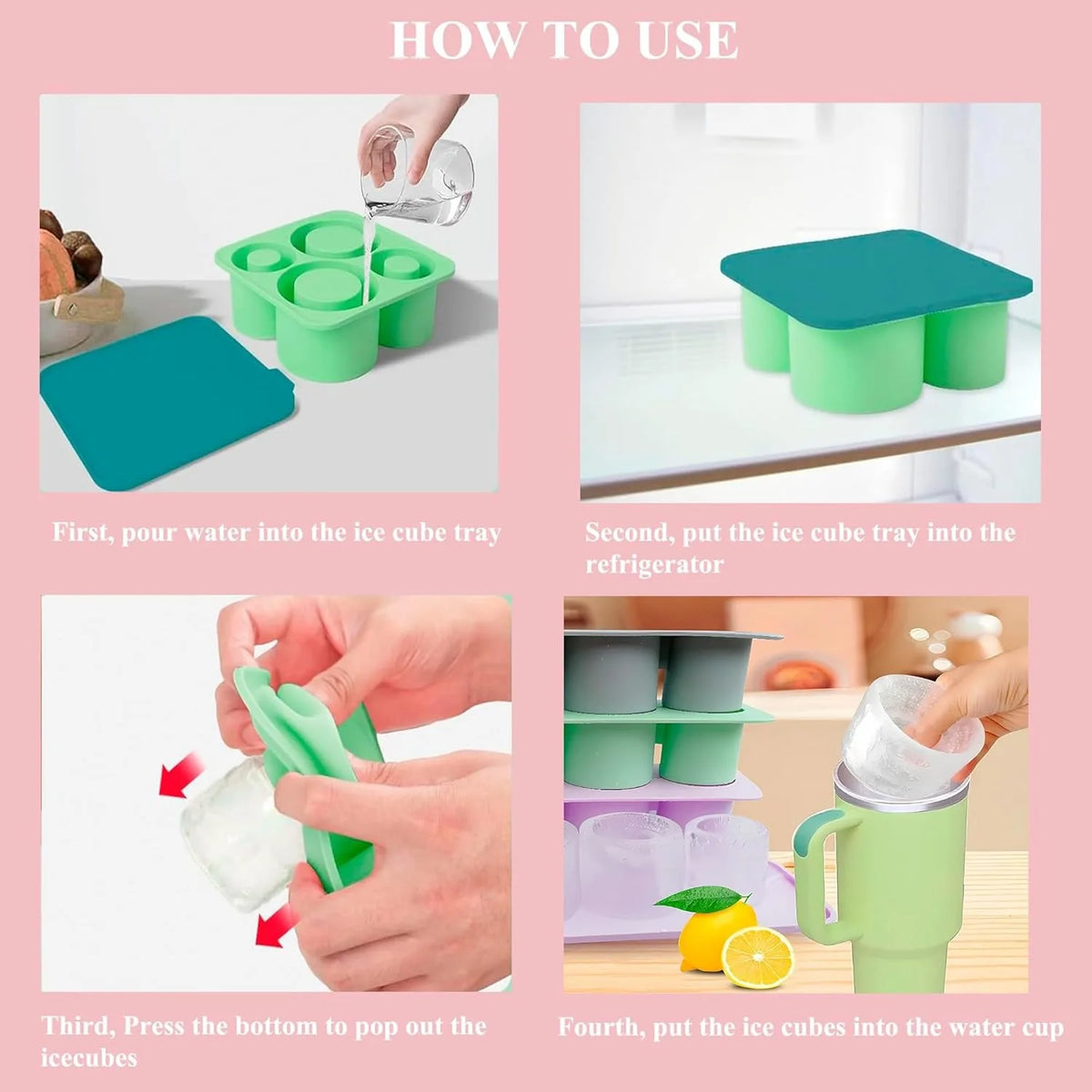 Instructions on how to use a green ice cube tray with text overlay.