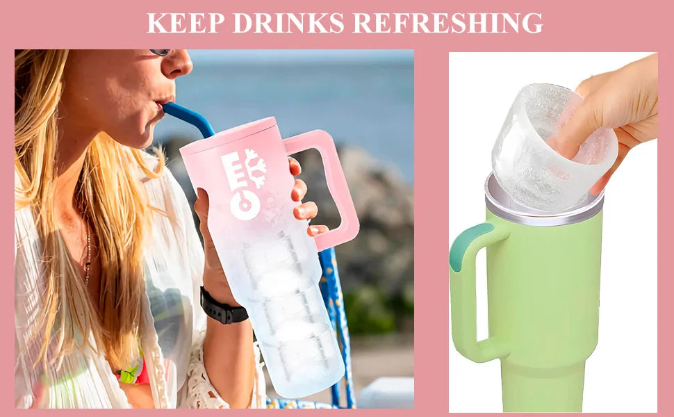 Woman drinking from a pink tumbler with a straw, next to a green tumbler with a filter on a pink background.