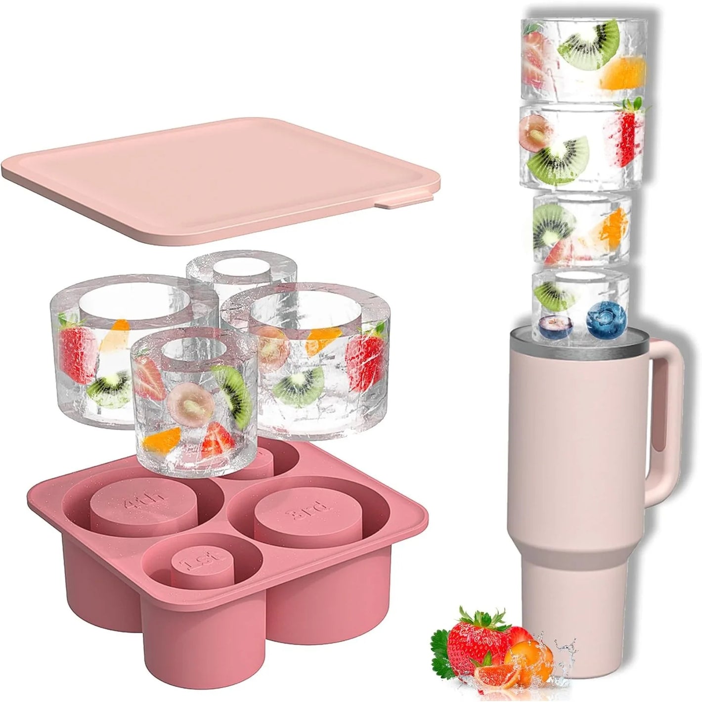 Pink kitchen product set including a cutting board, ice cube tray, and fruit-infused water pitcher.