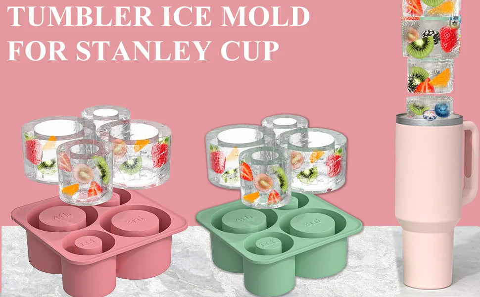 Tumbler ice mold for Stanley cup with pink and green molds and a pink water bottle.