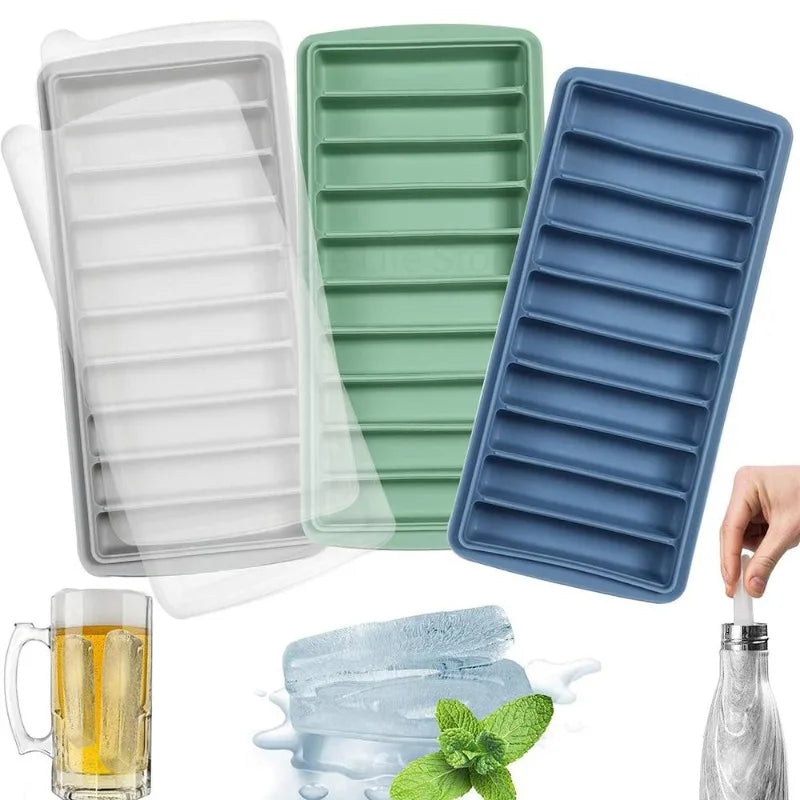 Three rectangular silicone ice trays in gray, green, and blue with a hand holding a straw and a glass of beer.