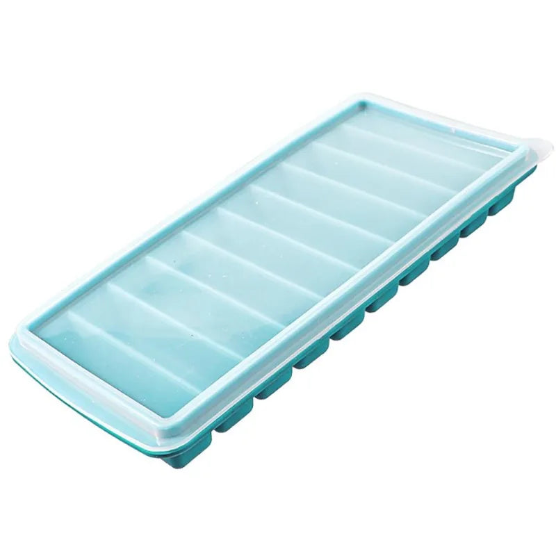 Blue plastic ice cube tray on a white background