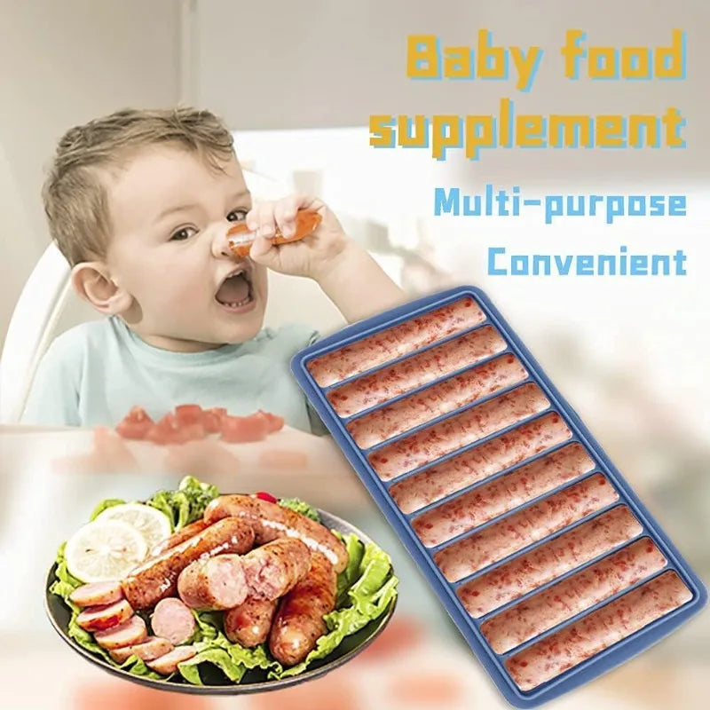 Child eating sausages with a tray of pre-made sausages and text about baby food supplement.