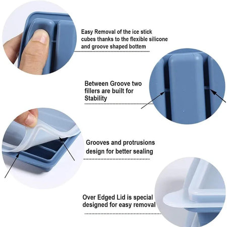 Silicone ice cube tray with text on its features