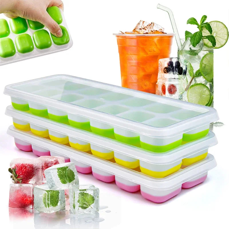 Colorful ice cube trays with filled cups and drinks in the background
