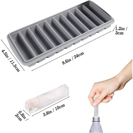 Gray silicone ice cube tray with dimensions and a hand using an ice cube removal tool.