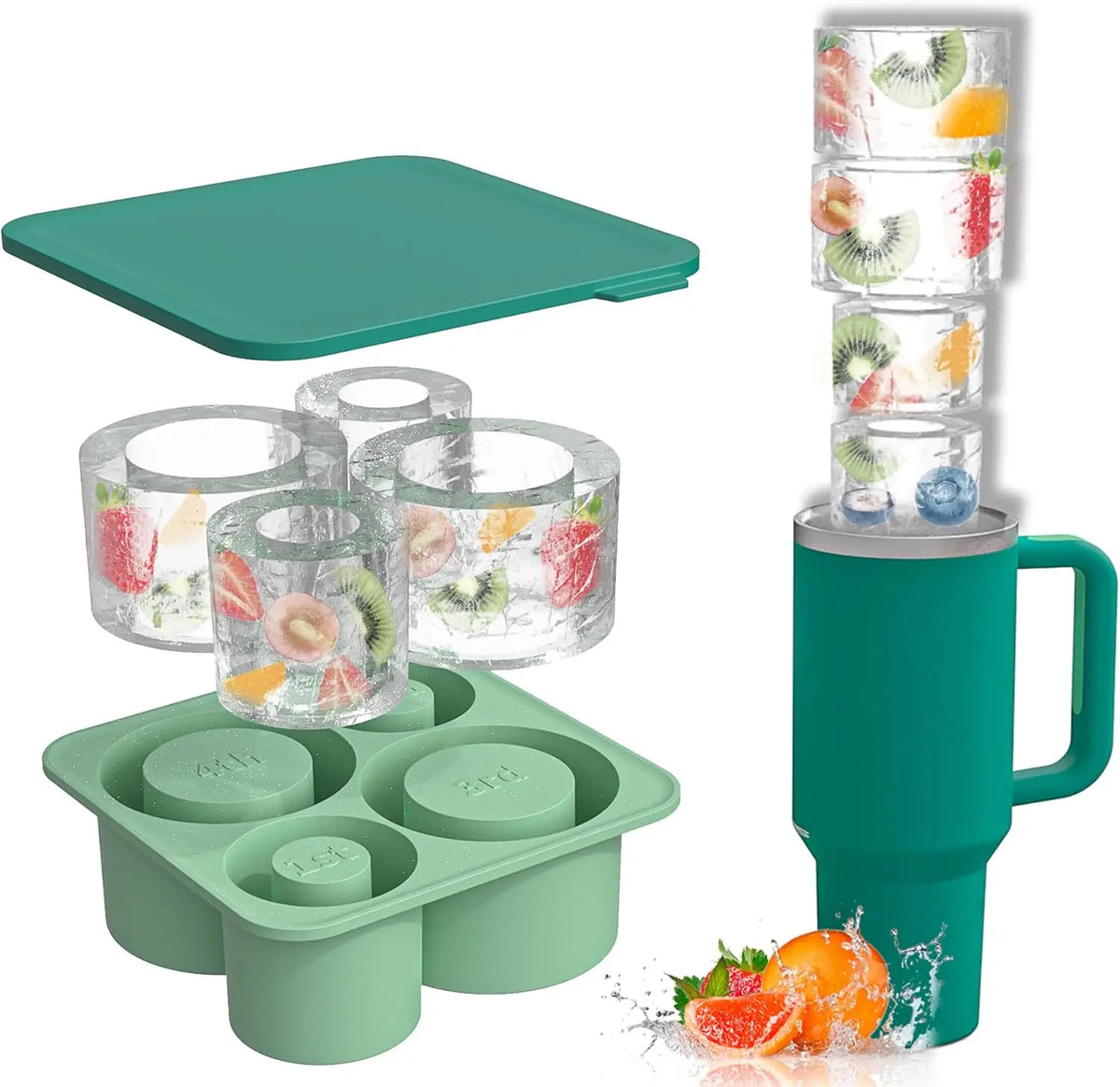 Green ice cube tray, fruit-infused water cups, and a green cup with fruit infuser on a white background.