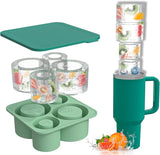Green ice cube tray, fruit-infused water cups, and a green cup with fruit infuser on a white background.