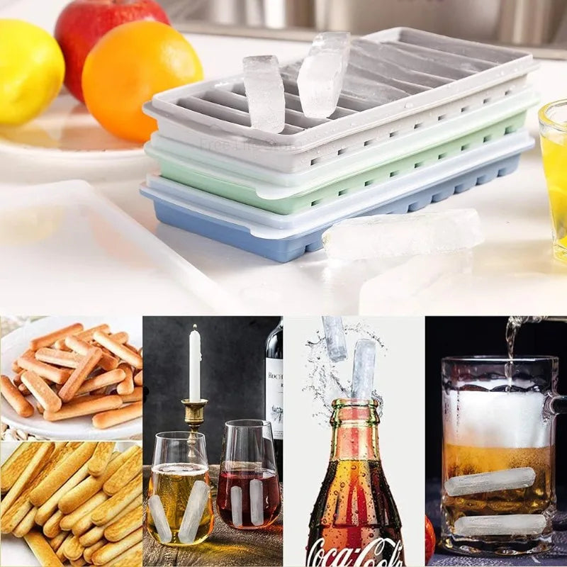 Collage of ice cube trays, food, drinks, and bottles with ice cubes.