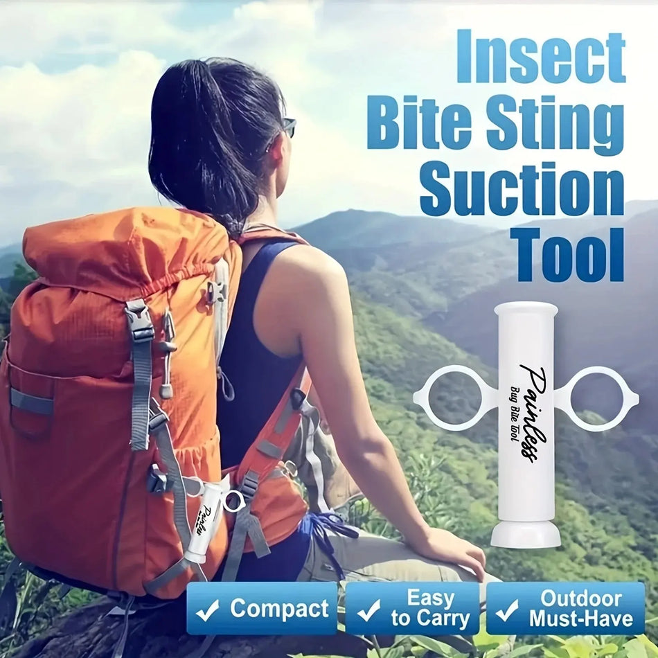 Person with an orange backpack sitting on a rock with an insect bite sting suction tool and mountainous background.