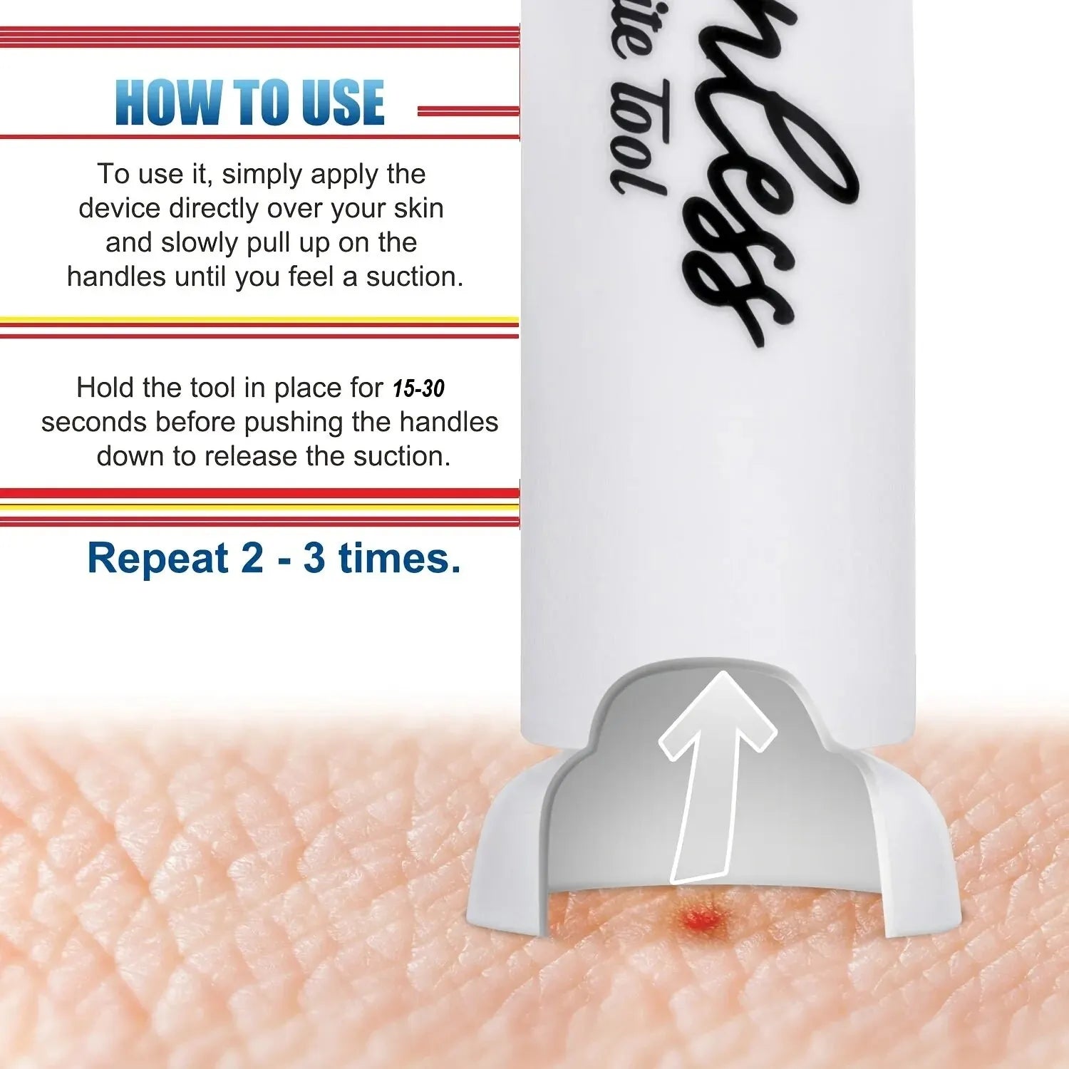 Instructions for using a hair removal tool on skin with text and visual guide.